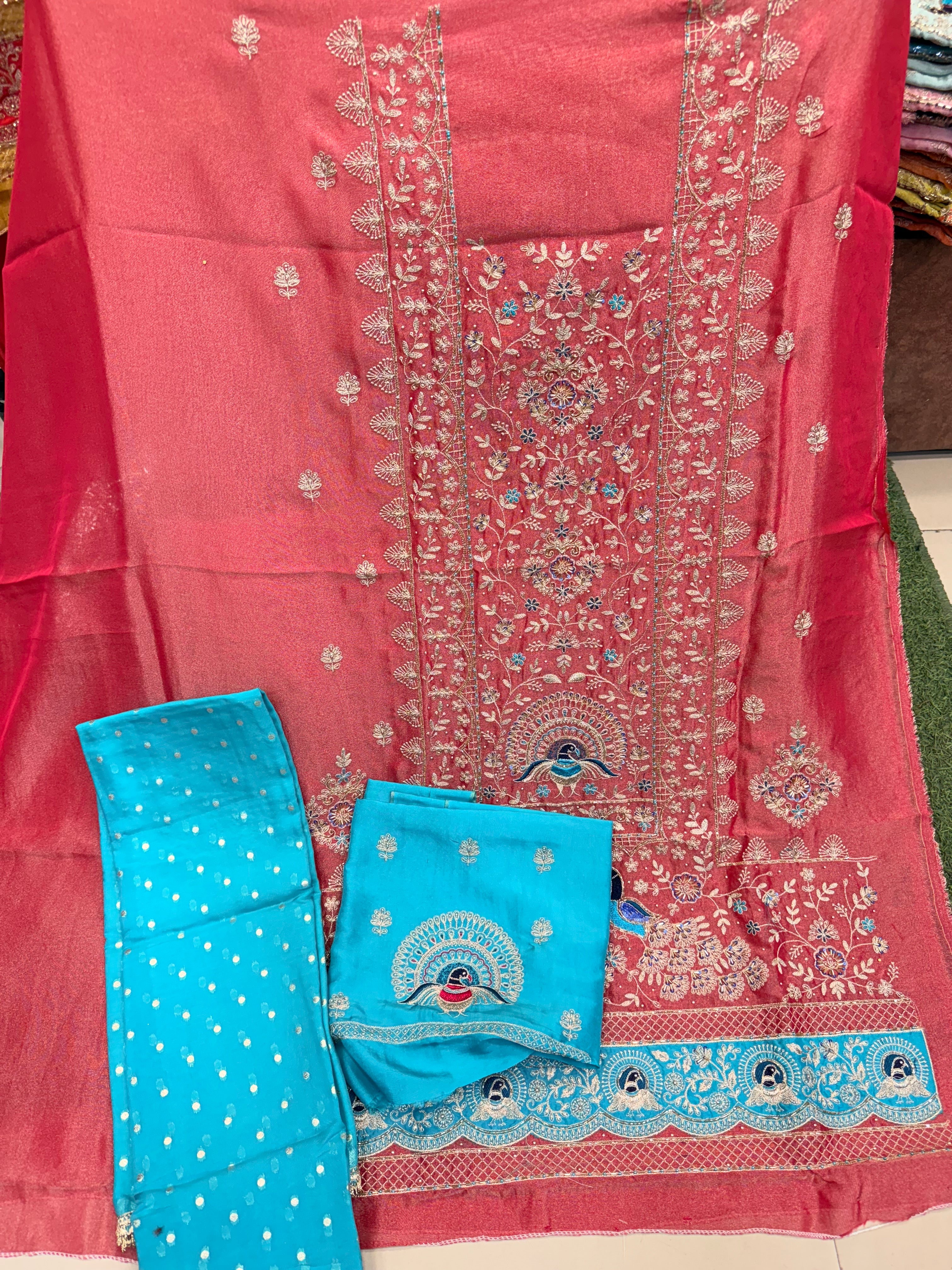 Peacock Design Hand Embroidery Beautiful Unstich Suit Salwar