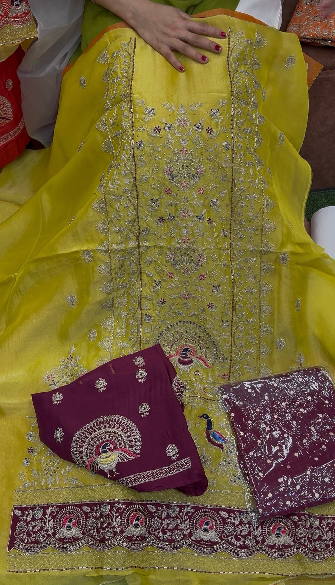 Peacock Design Hand Embroidery Beautiful Unstich Suit Salwar