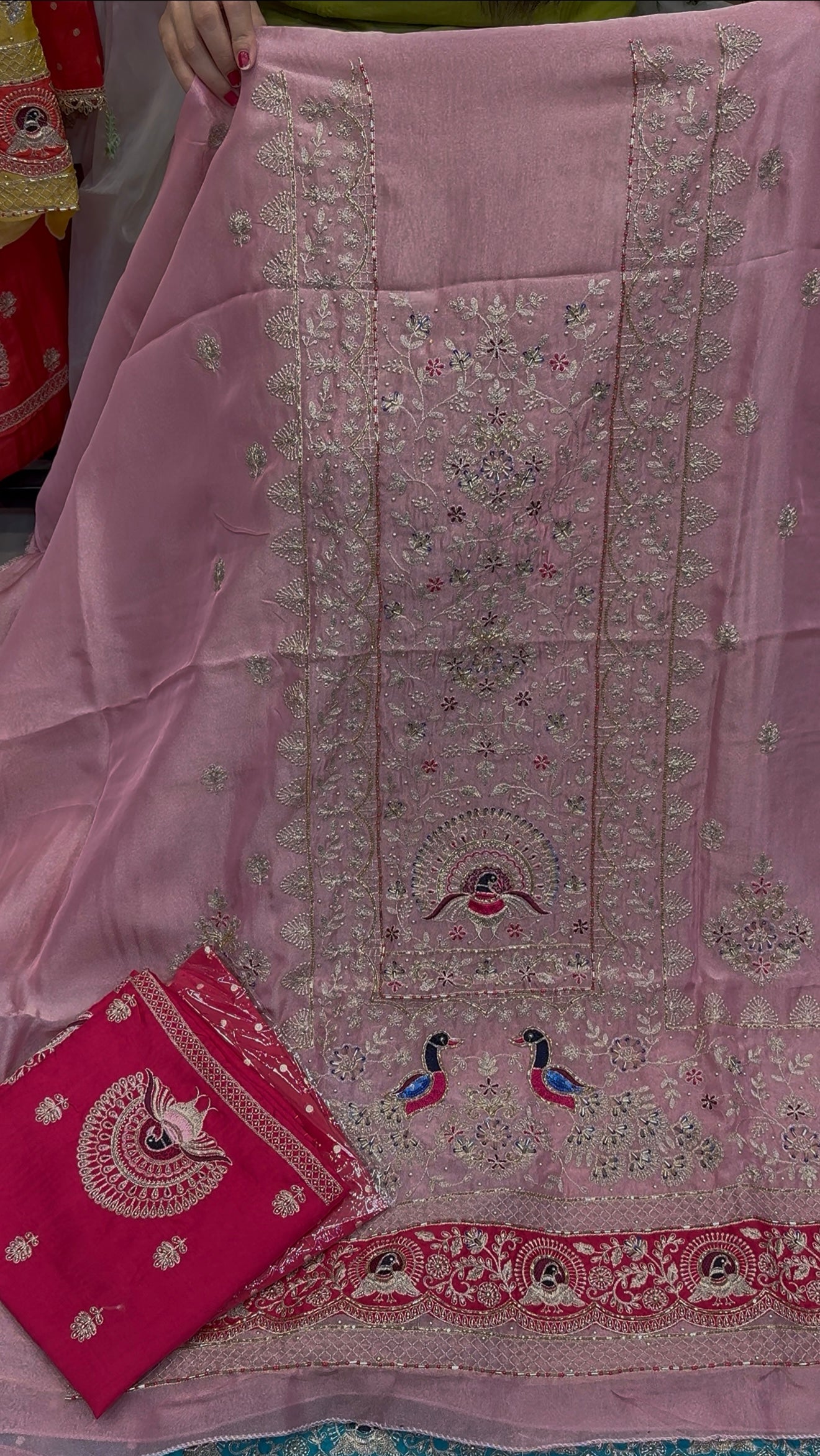 Peacock Design Hand Embroidery Beautiful Unstich Suit Salwar