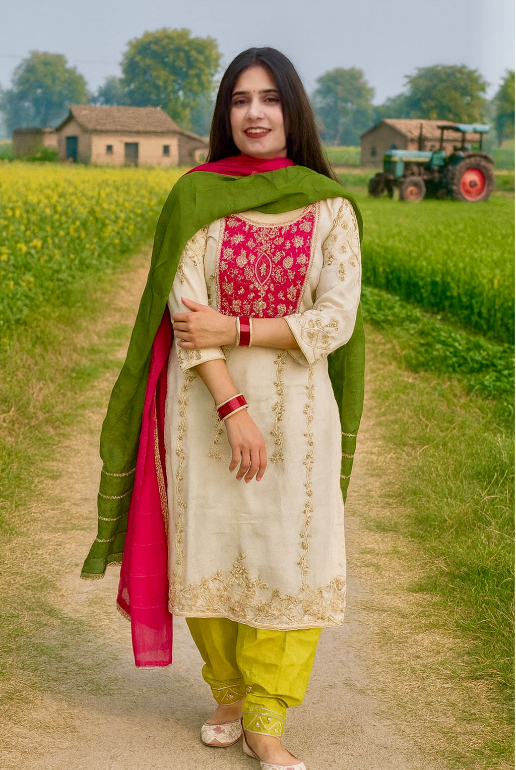 3D Suit Hand Embroidery Work | 3 Pic Unstich White Green Pink Colourful ladies Wear